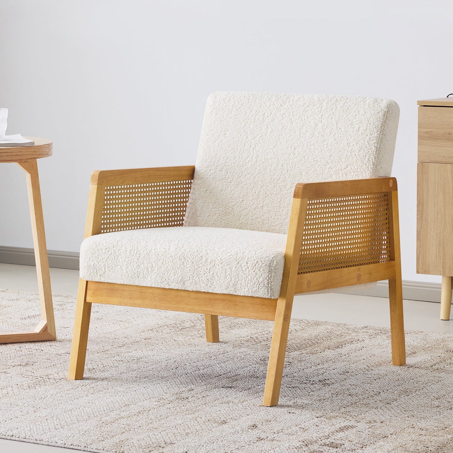Furniliving Modern Accent Chair, Upholstered Living Room Chair with Rattan Armrest, Reading Leisure Chair, Comfy Arm Chair for Living Room, Bedroom, and Office. (Ivory White)