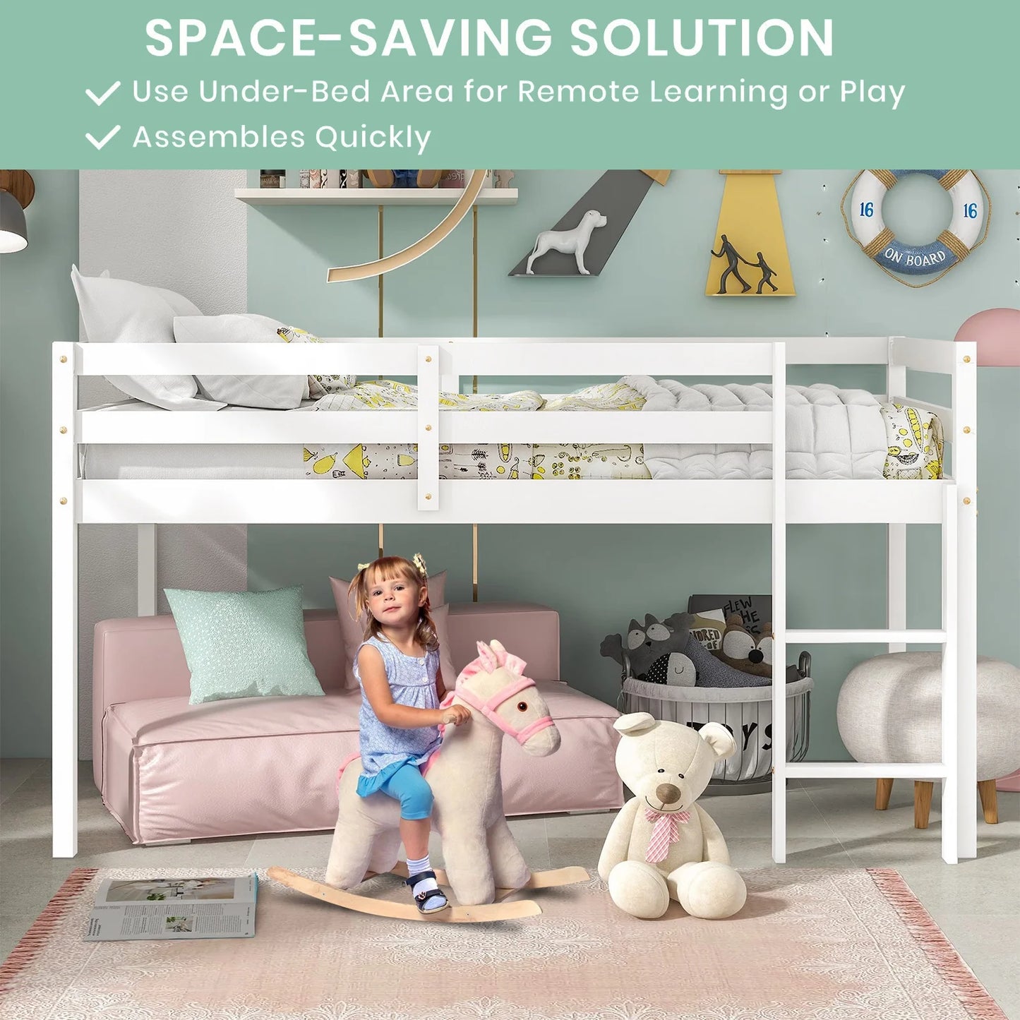SESSLIFE Solid Wood Twin-Size Low Loft Bed with Ladder, White