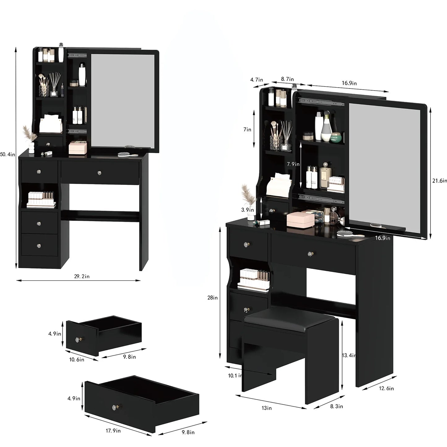 PORKISS Vanity Set with Sliding Mirror for Girls, Vanity Desk with Cushioned Stool and 4 Storage Drawers, Multi-Layer Shelves, Dressing Table for Small Bedroom, Black