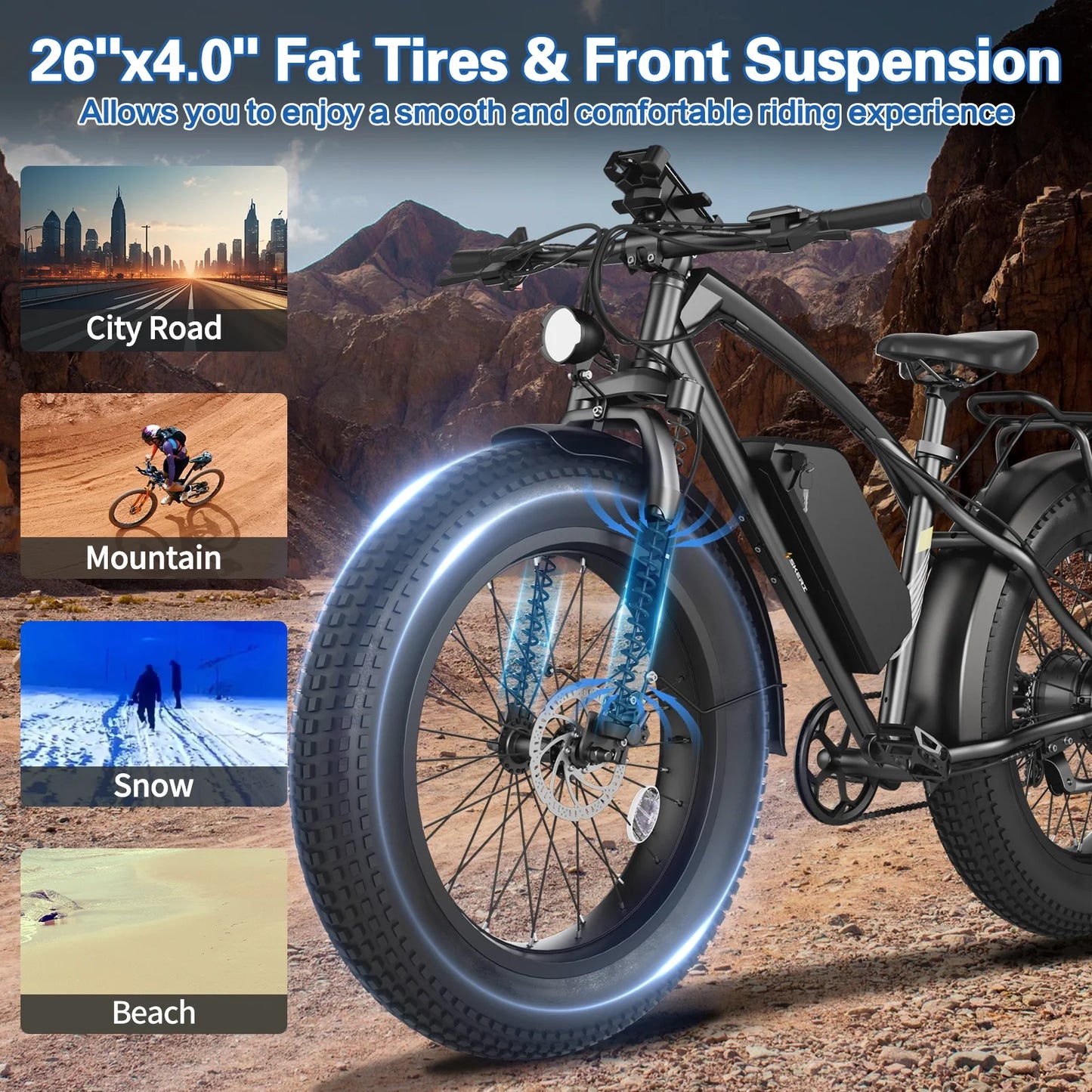 Skeri Electric Scooter, 26" Fat Tire E Bike, 1000W Motor, 48V 13Ah Removable Electric Bike for Adults, 60 Miles & 25 mph, Electric Bicycle with 7 Speed and Front Suspension