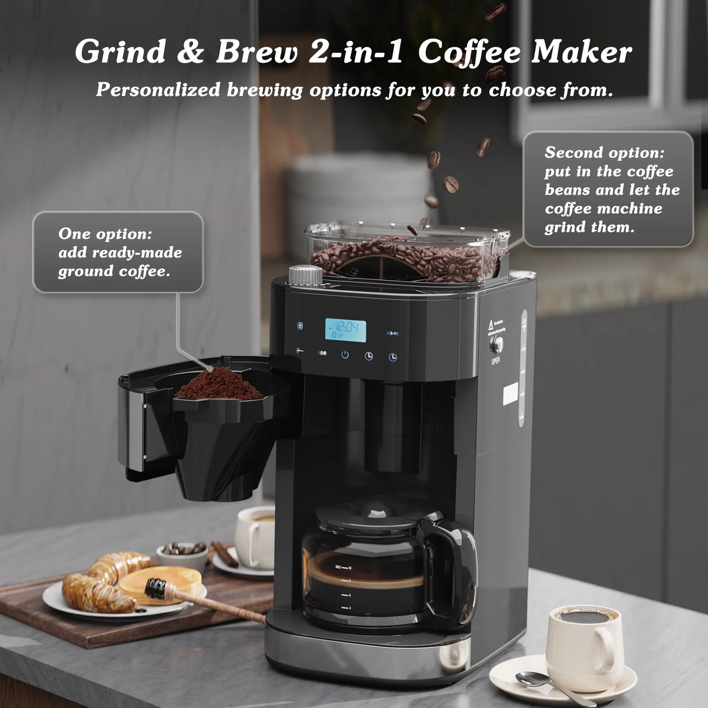 Auseo 10-Cup Drip Coffee Maker with Grinder, Automatic Brew, 3 Brew Strength Options, Warming Plate, Touch Screen, 1.5L Water Tank, Black