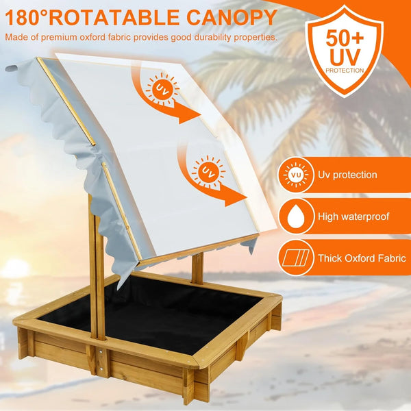 PETSCOSSET Sandbox with Cover, Sand Box with 4 Reinforced Benches, UV-Resistant & Adjustable Height Roof, Bottom Liner, Wooden Sand Boxes with Lid for Kids Outdoor, Gift for Ages 2-8, 45x45 Inches