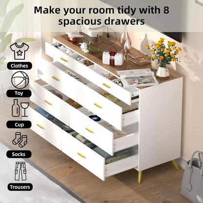 PAKASEPT White Dresser with LED Lights, 8 Drawer Dressers with Tempered Glass Top