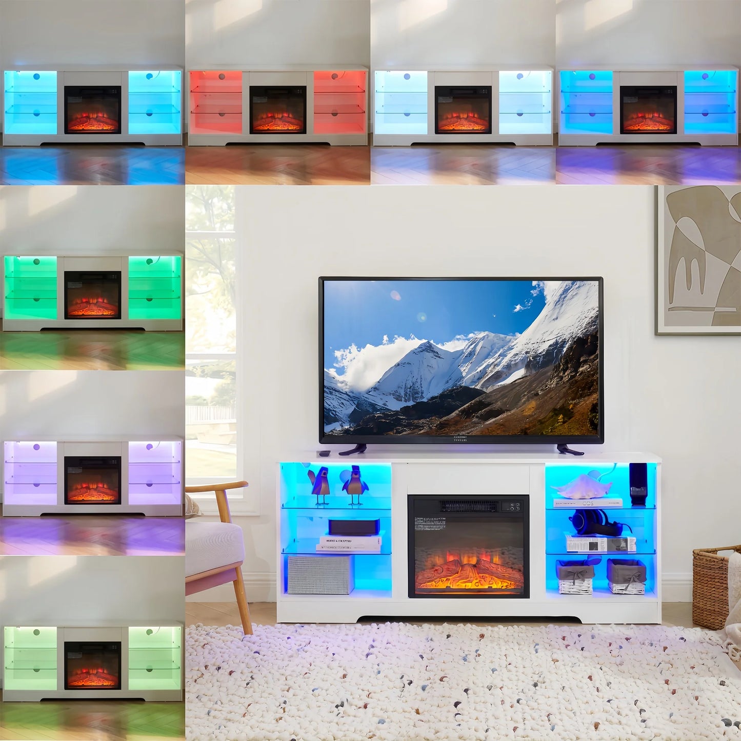 PAPROOS Fireplace TV Stand with LED Light for 62 Inch TV, Entertainment Center with USB Charging Outlet and Glass Shelves, Electric Fireplace with Adjustable Warmth, White