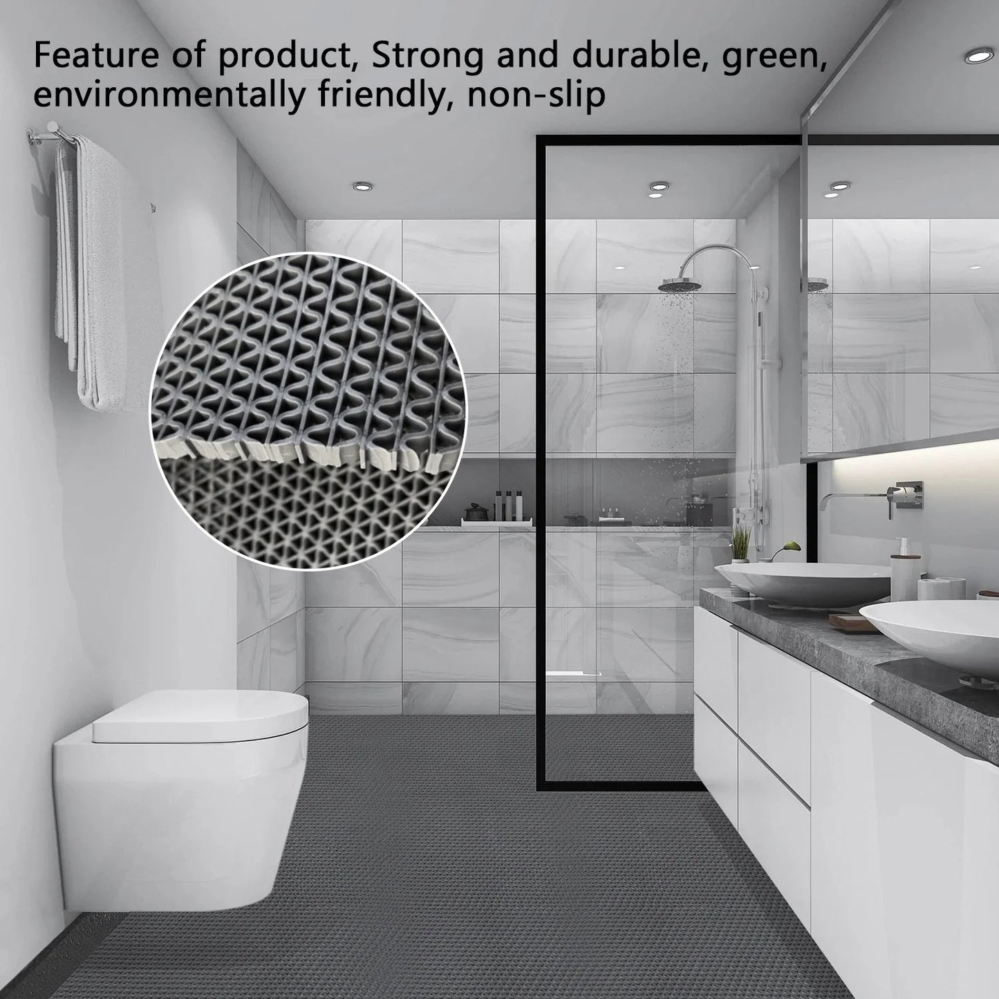 OVYEOFR 3 X 10 ft Non-Slip Hollow Mesh Drainage Mat , PVC Floor Mat for Bathroom Kitchen Restaurant Garage Hotel Winter Wet Area, Grey