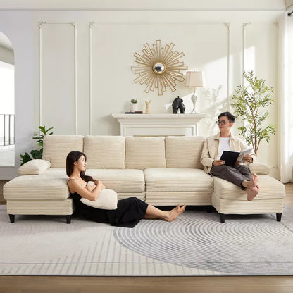Mjkone 112" U Shaped Sectional Couches, Corduroy Sectional Sofa with Double Chaises and Sleepable Armrests, Large 4 Seater Sofa