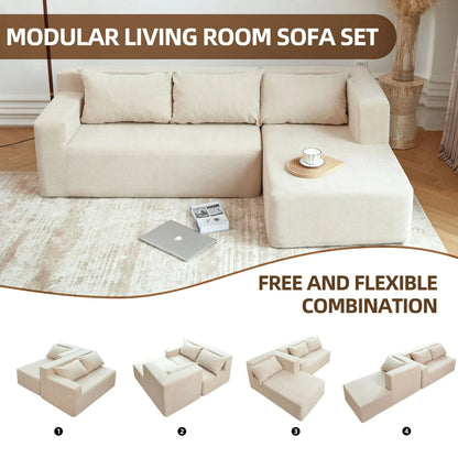 PAPROOS Compressed L-Shape Sectional Sofa Couch with Pillows, Modern Polyester 3 Seater Convertible Upholstered Couches for Living Room, Apartment, No Assembly Required, Beige