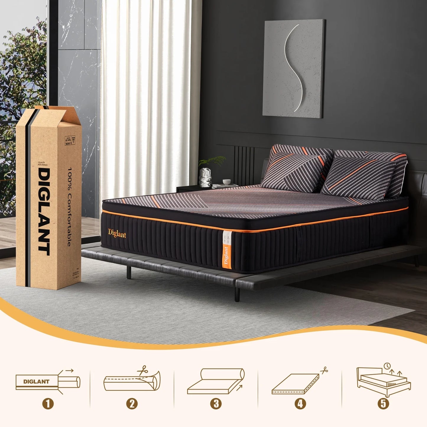 Queen Mattress, 14 Inch Plush Hybrid Mattress, Black Memory Foam with Individually Pocket Coils Mattress Queen Size in Box, Euro Top Mattress for Pressure Relief,Balanced Support