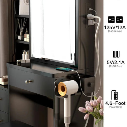 PORKISS Vanity Set with Sliding LED Mirror, Makeup Vanity with 2 AC and 2 USB Power Station, Modern Vanity Desk with Cushioned Stool and Hair Dryer Bracket, 3 Colors Lights, Black