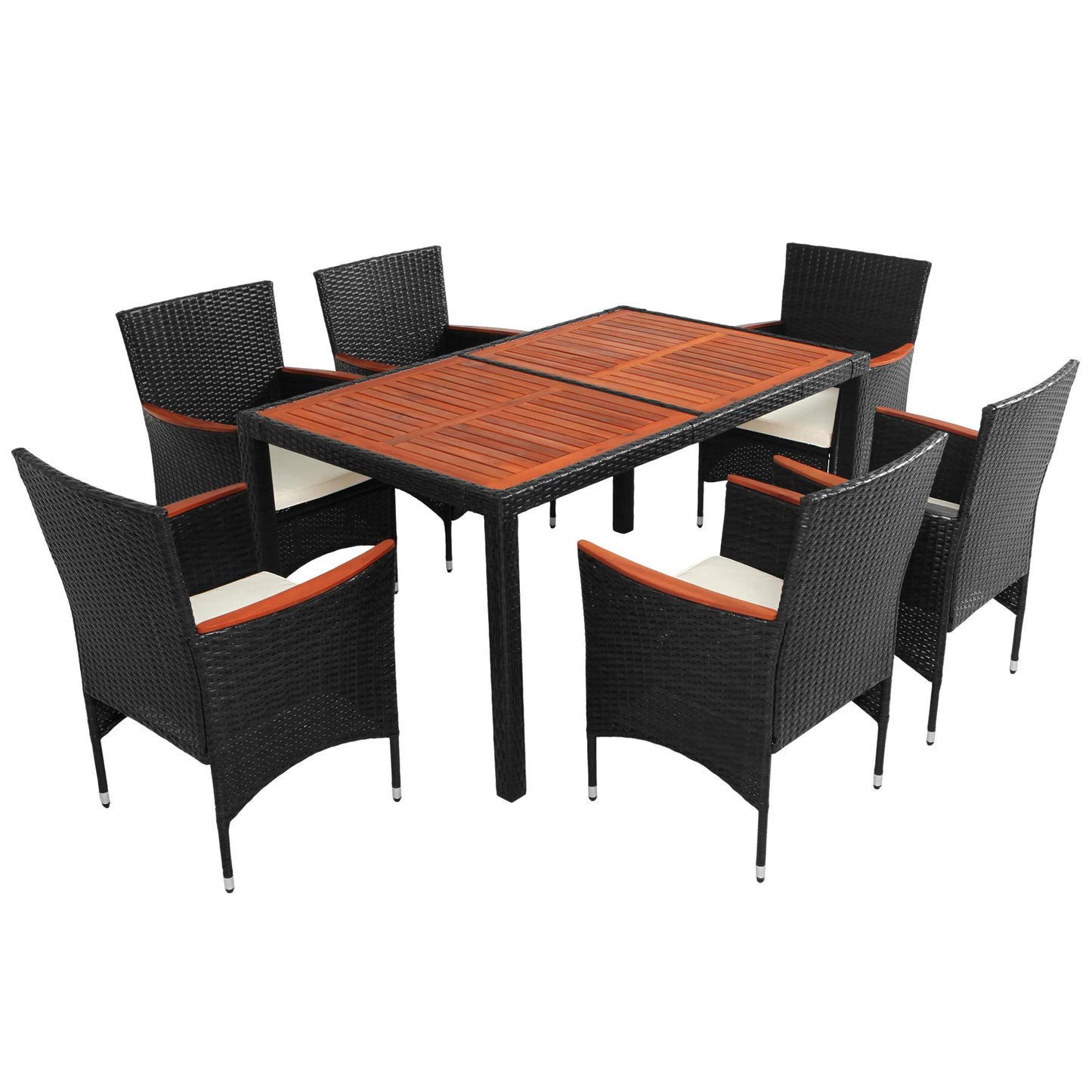 SEGMART Wicker Patio Dining Set, 7PCS Outdoor Rattan Table & Chairs Set with Acacia Wood Top & Padded Cushions, Deck Furniture Dining Table Set, Garden Porch Backyard Sectional Conversation Set