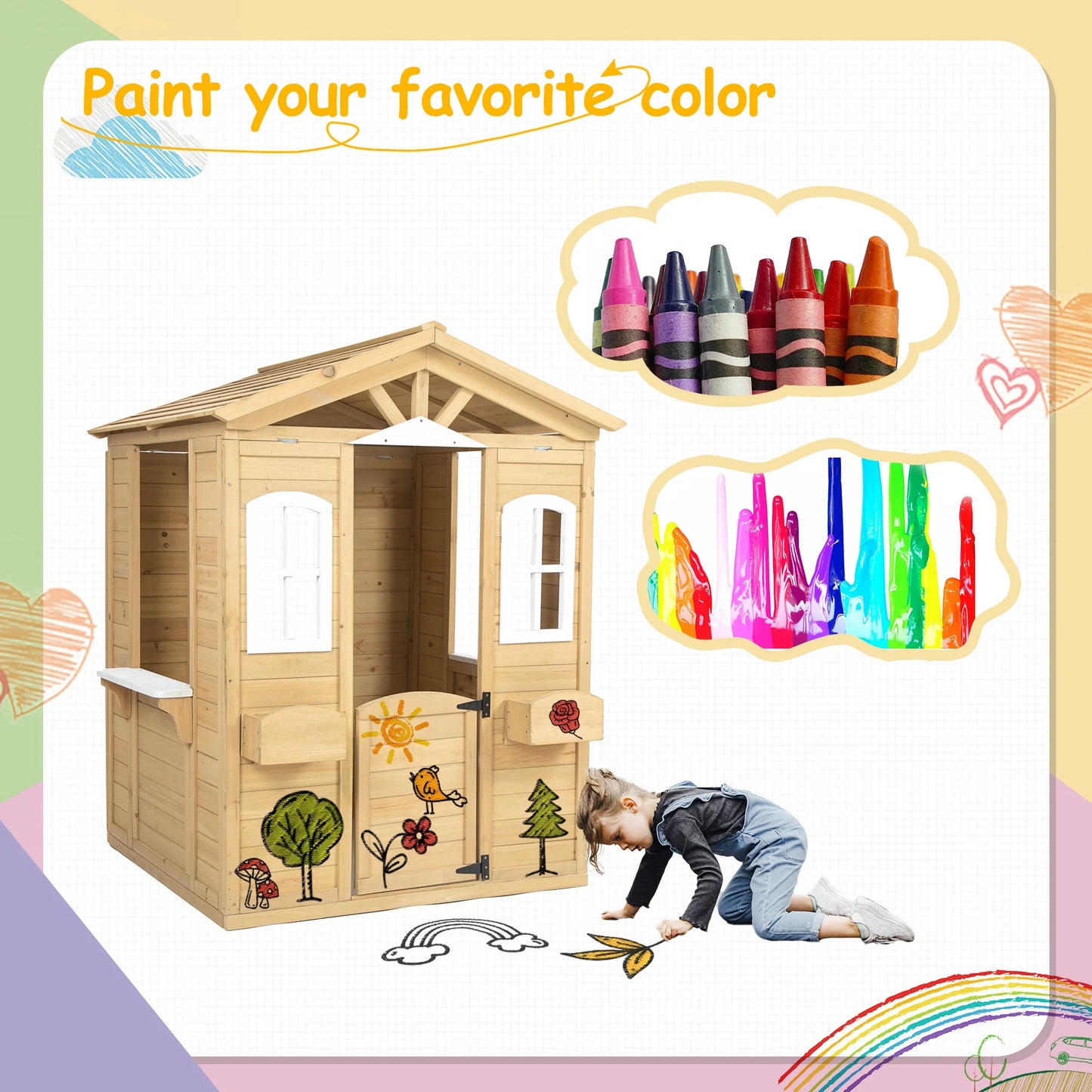 Outdoor Playhouse, Wooden Playhouse for Kids Outdoor with Bench, Windows, Working Door, Mailbox, Flowers Pot Holder, Girls Boys Outdoor Gift for Ages 2+, 80.17" x 38.19" x 55.5"