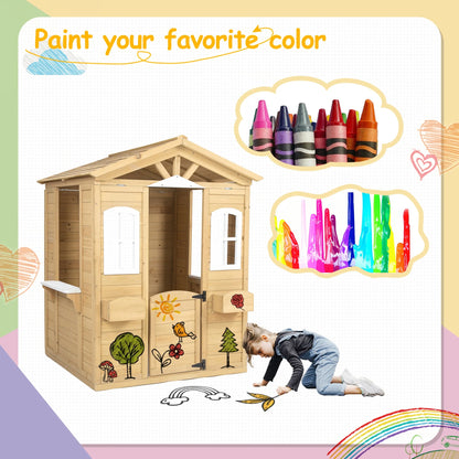 Outdoor Playhouse, Wooden Playhouse for Kids Outdoor with Bench, Windows, Working Door, Mailbox, Flowers Pot Holder, Girls Boys Outdoor Gift for Ages 2+, 80.17" x 38.19" x 55.5"