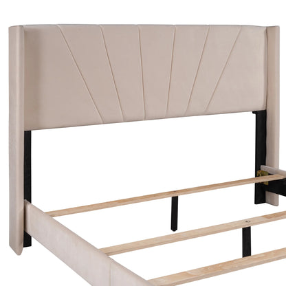 PORKISS Queen Upholstered Platform Bed, Wood Queen Bed Frame with Velvet Headboard, Modern Queen Size Bed for Adults Kids, Box Spring Needed, Beige