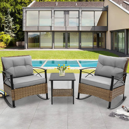 3 PCS Rocking Bistro Set, Outdoor Patio Porch Furniture Sectional Chairs with Tea Table, PE Rattan Patio Furniture Conversation Set for Lawn Pool Courtyard Garden Balcony