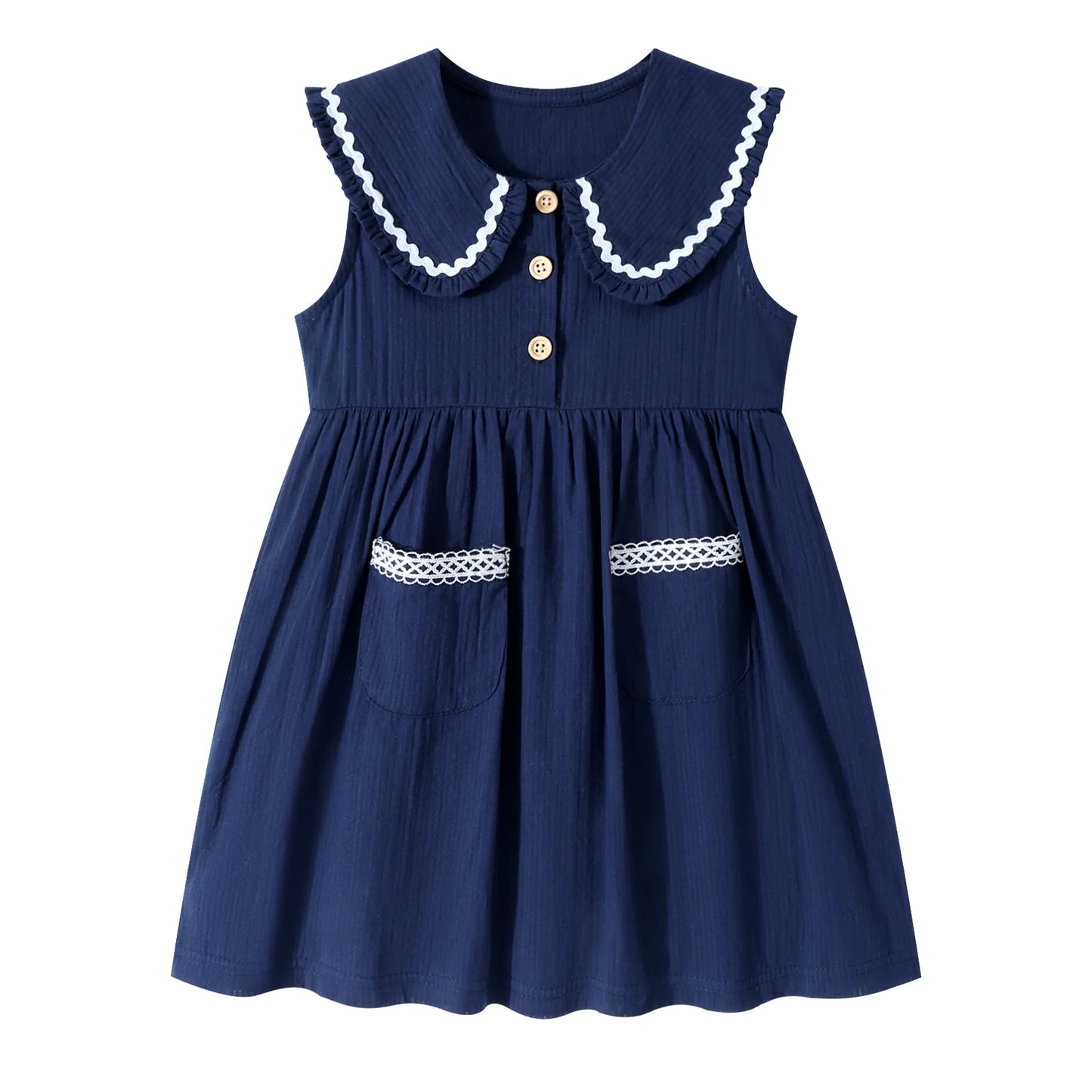 HILEELANG Baby Girl Easter Peter Pan Collar Dress Sleeveless Cotton Casual White Navy Beach Playwear Sundress 2 Packs 2T