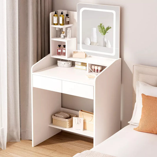 Vanity Desk Set with Square Mirror and Light  Small Vanity Tale with Drawers