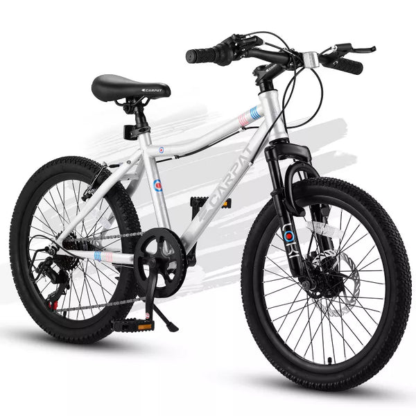 BestParts 20 Inch Kids Mountain Bike, 7-Speed Bicycle with Front Suspension, Disc & V Brake, for Teens Age 8–12, White Steel Frame