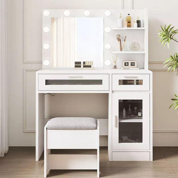 HYLEORY Vanity Desk with Mirror, Power Outlet and 10 Lights, Makeup Table with 3 Drawers, 3 Color Modes Available for Bedroom,White