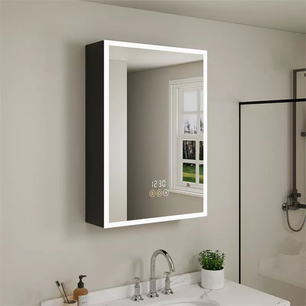 HBEZON Medicine Cabinet with Mirrors and Lights, Recess/Wall Mount Bathroom Cabinet, 3 Mode Light, Dimmable, Sensor Light, Defogger, Clock Temp, Black