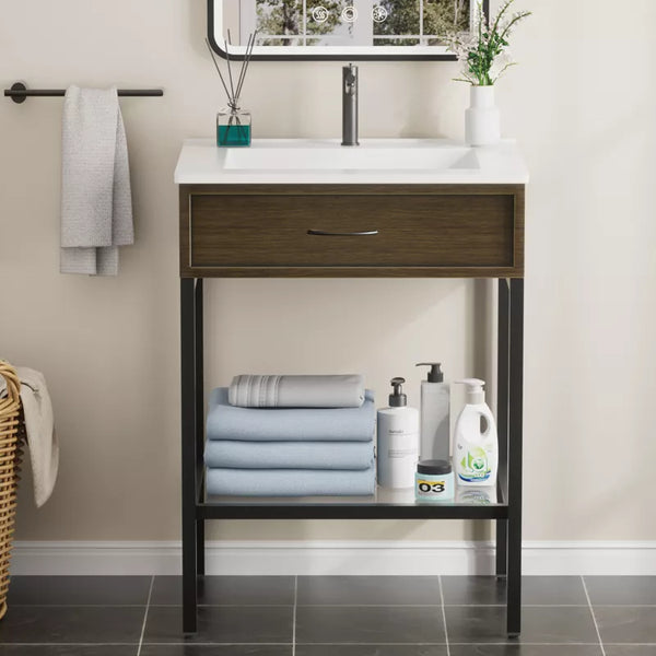 Bathroom Vanity with Resin Sink, Freestanding Modern Bathroom Cabinet Set with Metal Frame and Open Storage Glass Shelf