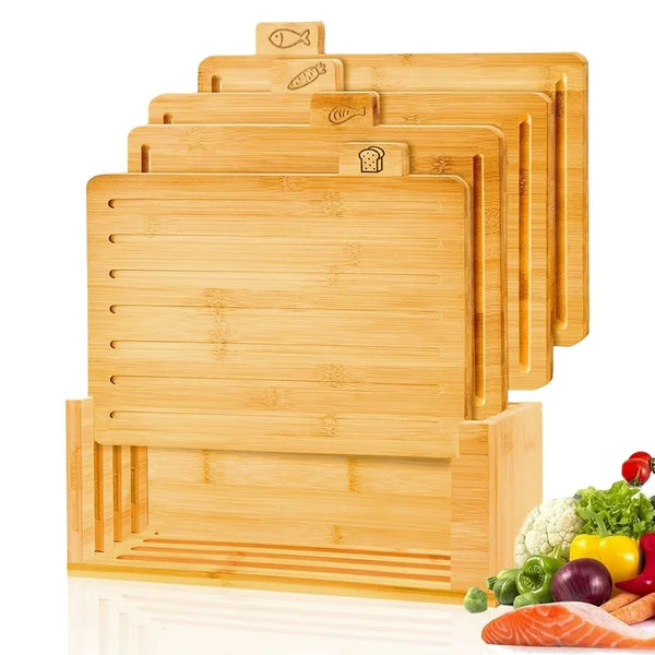 stusgo Bamboo Cutting Board Set with Stand,32cm 4 piece Kitchen Chopping Boards with Juice Grooves