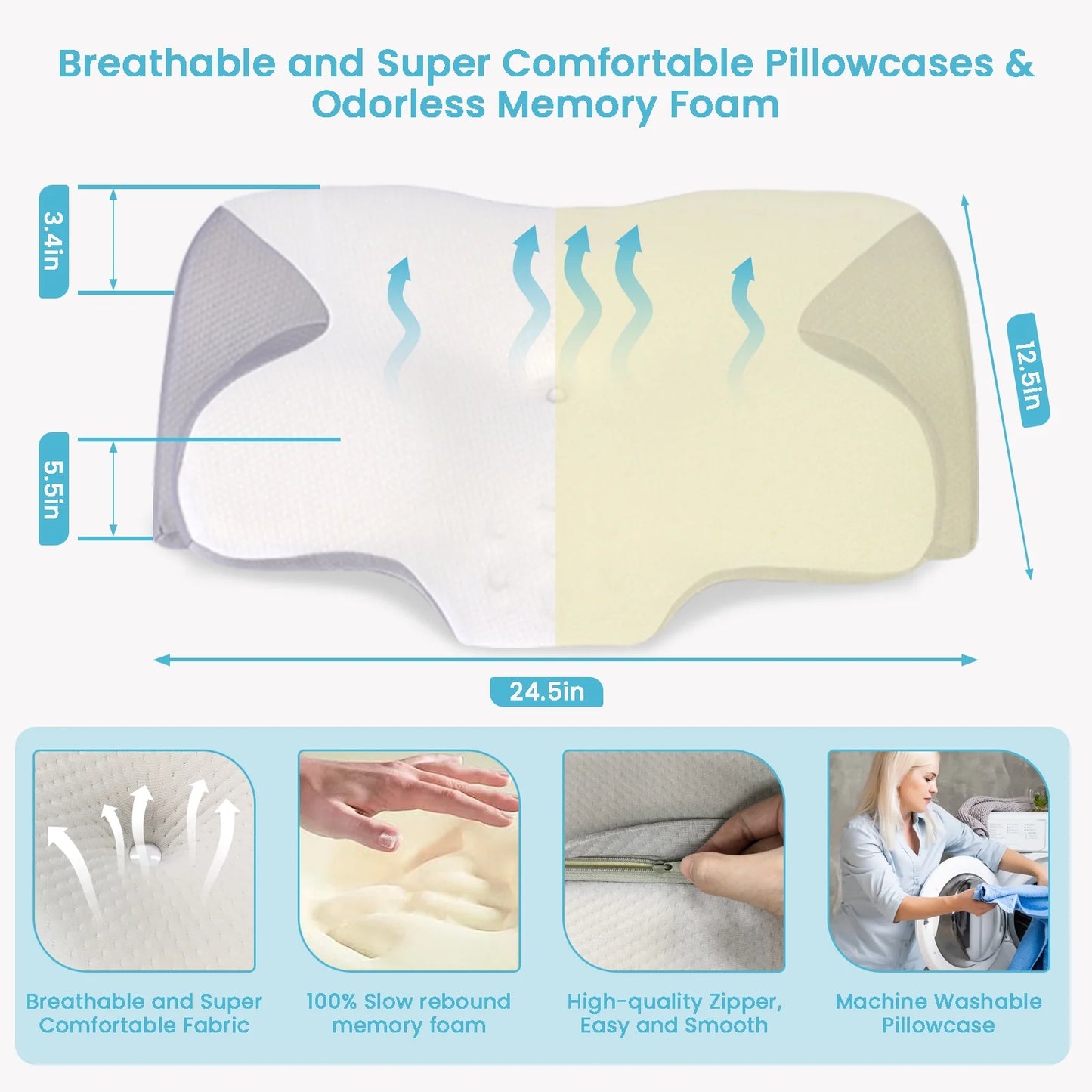 VAVSEA Cervical Pillow for Neck Pain Relief, Contour Memory Foam, Ergonomic Orthopedic Neck Support Pillow for Side, Back  Stomach Sleepers with Breathable Pillowcase, Grey