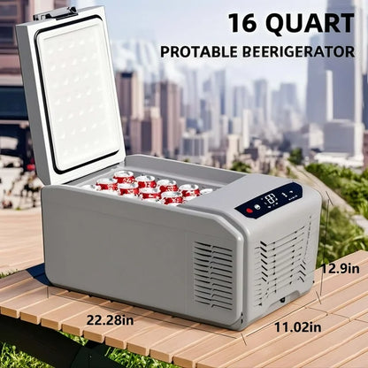 LHRIVER 16QT(15L) Dual-Power Car Refrigerator -4°F~68°F, 12V/24V DC & 100-240V AC Portable Freezer/Cooler w/Smart LCD & Battery Protect – Compact Fridge for RV, Camping, Travel