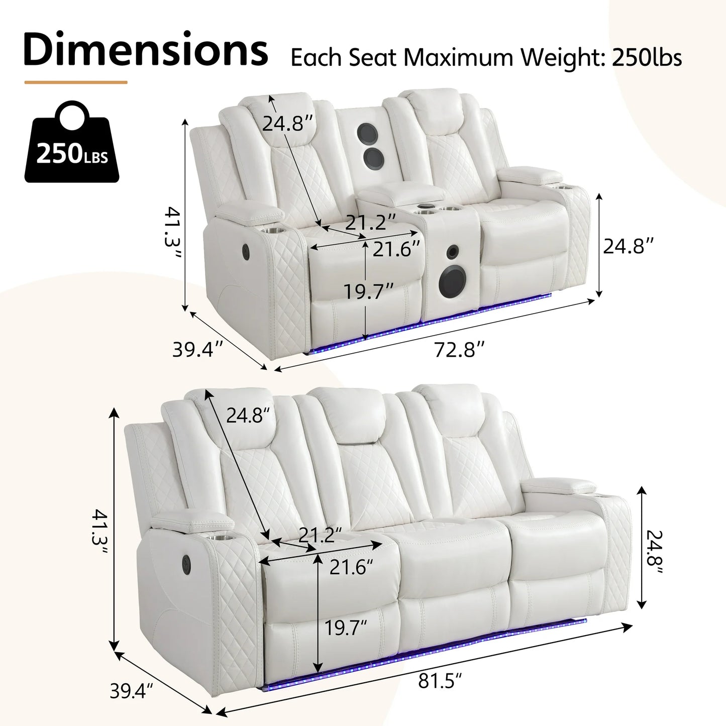 Othniel 2PCS Power Recliner Sofa Sets with Bass Speaker,Wireless Charger LED Light,USB Port,White