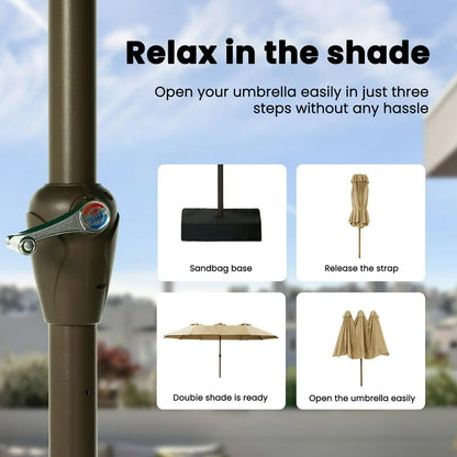 Greforg 15FT Triple Outdoor Patio Umbrella with Base Included  Vented Canopy, Waterproof  UV Protection, Ideal for Garden, Deck, Poolside, and Restaurant Beige