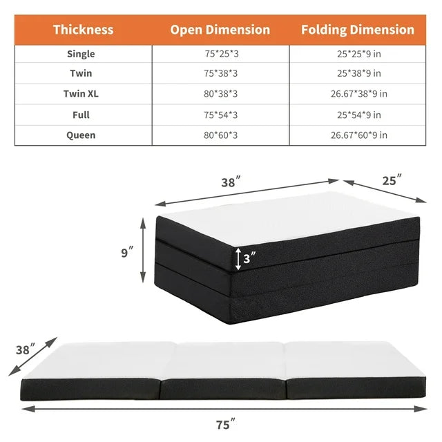 3 Inch Tri-fold Memory Foam Mattress, Portable Foldable Floor Bed，Portable Floor Mattress for Guest/Travel/Camping/Yoga - Twin Size
