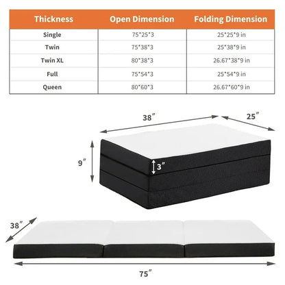 3 Inch Tri-fold Memory Foam Mattress, Portable Foldable Floor Bed，Portable Floor Mattress for Guest/Travel/Camping/Yoga - Twin Size