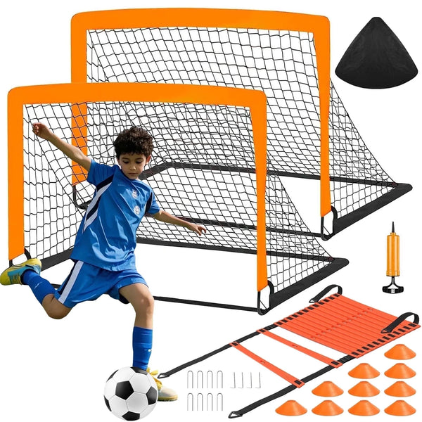 stusgo Kids Soccer Goals for Backyard Set, 2 Pack Pop Up Soccer Goal with Soccer Nets, 4x3 FT Soccer Goals, Includes Soccer Ball, Agility Ladder, Cones & Carry Bag, Perfect for Youth Outdoor Sports