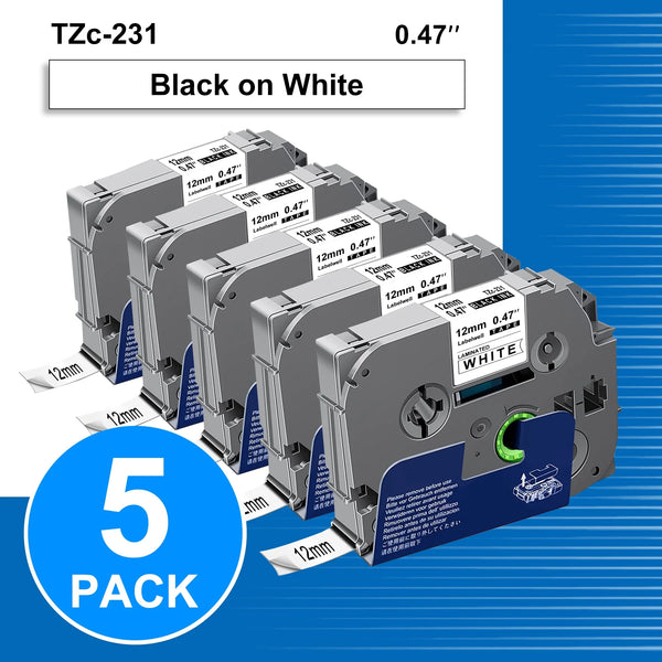 5-Pack 231 Label Maker Tape for Brother P Touch TZe231 Tape Label Tape 12mm 0.47 Inch Laminated White Label Maker Tape TZe-231 for P Touch PT-D210 PTH110 PT-D220 PTD600, 26.2 Feet