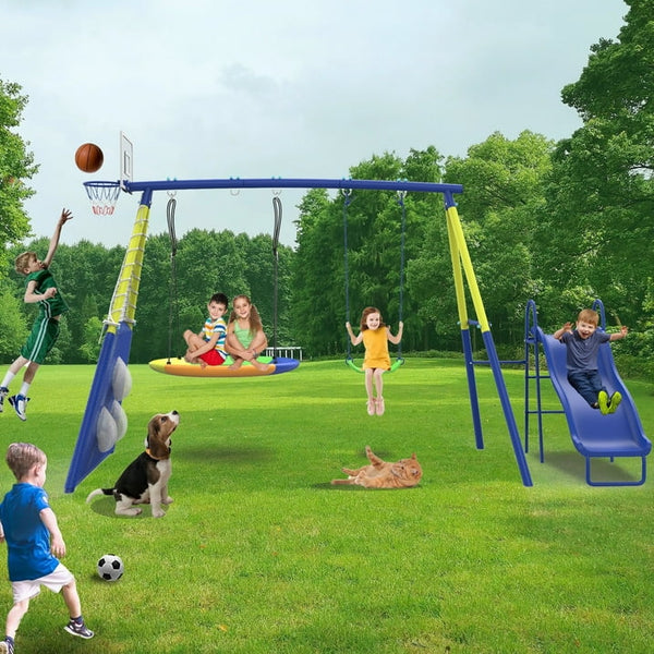 5 in 1 Metal Kids Swing Sets with Heavy Duty Outdoor A-Frame Metal Swing Stand for Playground