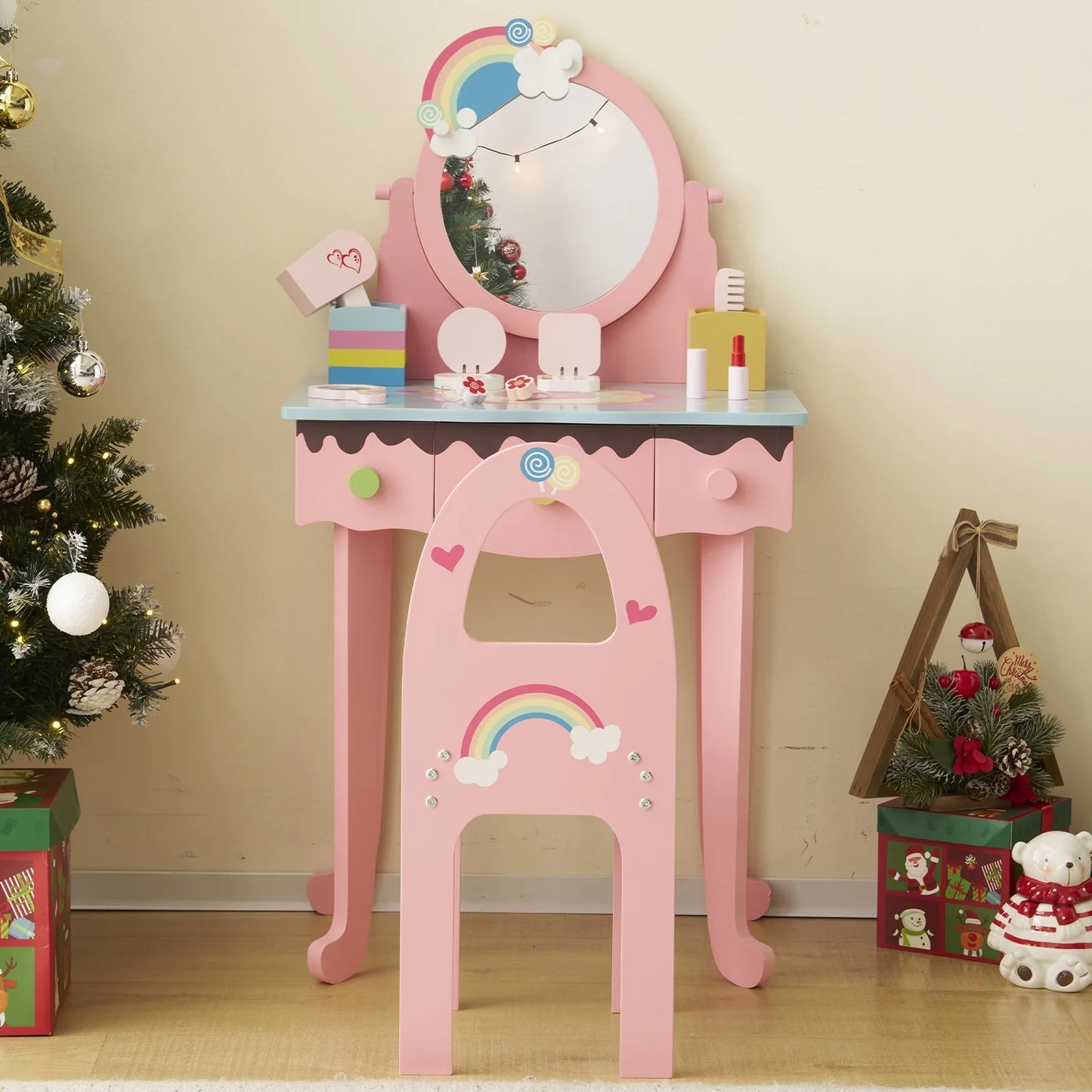 iYofe Kids Vanity Table and Chair Set with 7pcs Pretend Play Makeup Toys, Girls Vanity with Mirror & Stool, 3 Drawers & Tabletop Storage, Princess Dressing Table for Toddlers, Pink