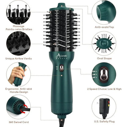 Aima Beauty Hair Dryer Brush Dual Voltage Worldwide Travel Blow Dryer Brush Hot Air Brush with Oval Barrel 360°Airflow for Smooth,Negative Ionic Frizz-Free Drying/Straightening/Voluming, Dark Green