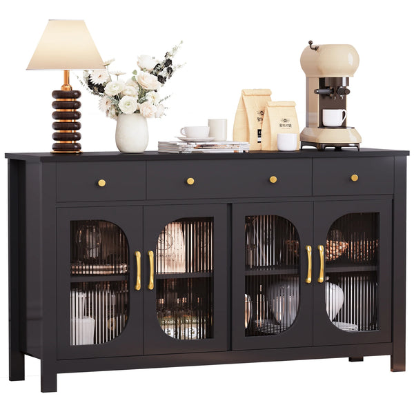 55" Sideboard Buffet Cabinet with Storage, Buffet Table with 3 Drawers and 4 Glass Doors, Kitchen Coffee Bar Cabinet with Adjustable Shelves for Dining Room, Living Room