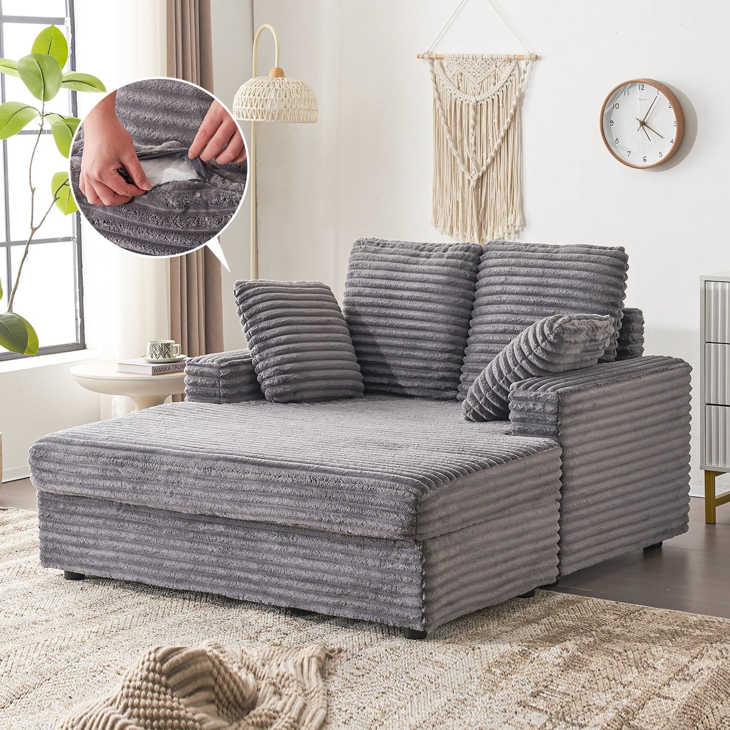54.25  Chaise Lounge, Plush Corduroy Sofa Chair Bed with Throw Pillows and Armrests, Sleeper Chaise Lounge for Living Room,Dark Gray