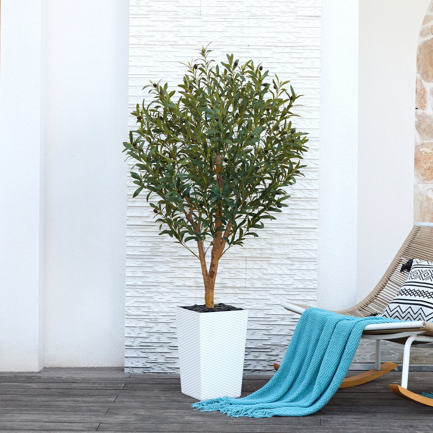 DR.Planzen UV Resistant 5ft Artificial Olive Tree with Natural Wood Branches and Realistic Silk Leaves,Faux Olive Tree for Indoor and Outdoor Decor - White Large Planter with Pebbles