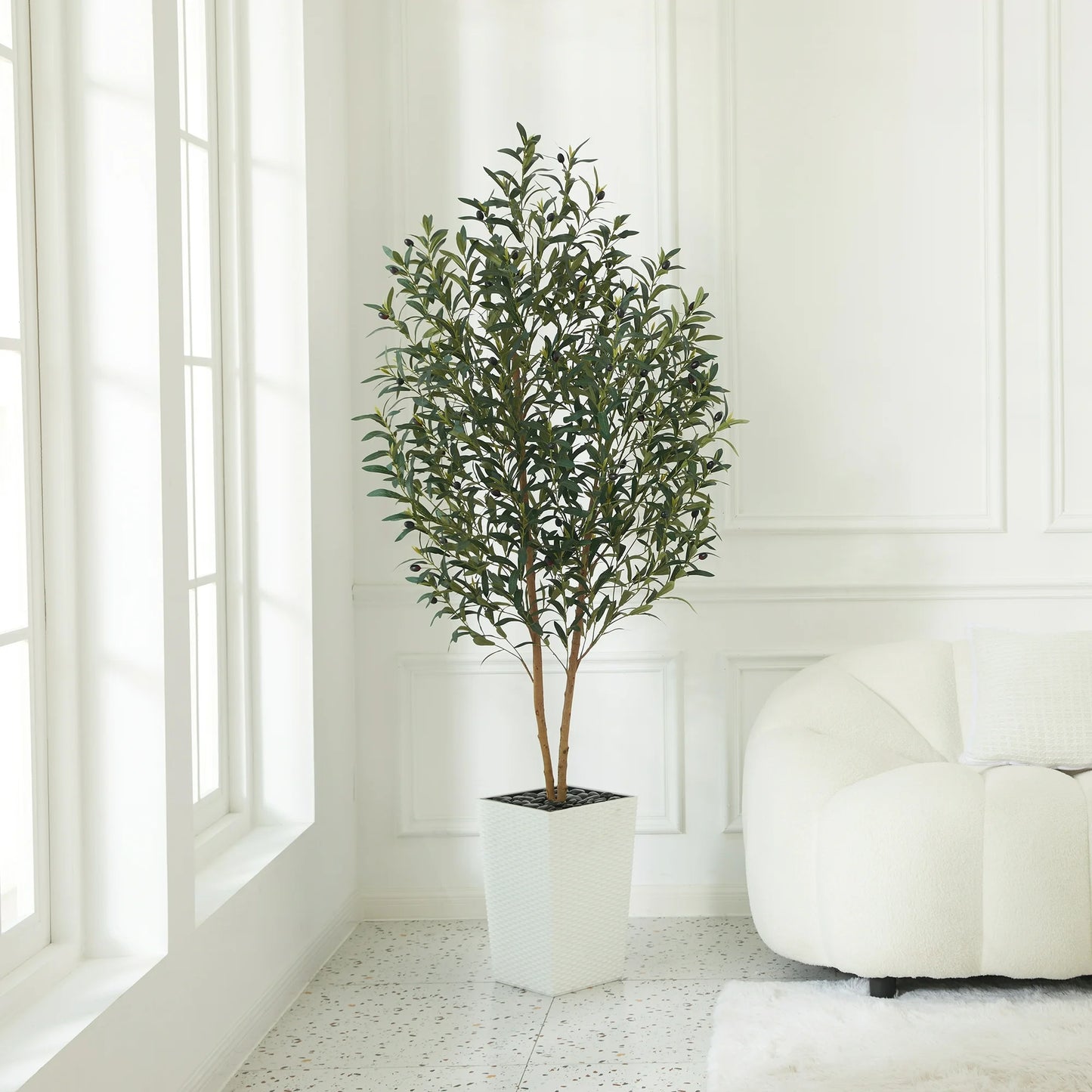 DR.Planzen 6FT Tall Artificial Olive Tree with Tall White Planter, UV Resistant Silk Leaves  Real Wood Trunk | Home Office House Outdoor Decor