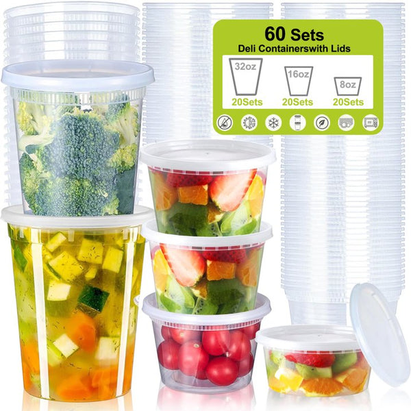 stusgo 60 PCS Plastic Deli Containers with Lids,Soup Meal Prep Containers,20 8oz, 20 16oz, 20 32oz