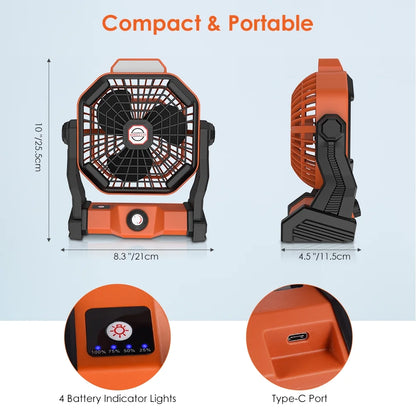Uarter Camping Fans for Tent 10 inch Stepless USB Rechargeable Fan 5000mAh Battery with Outdoor LED Light, 270 Rotation, for Office,Bedroom,Outdoor