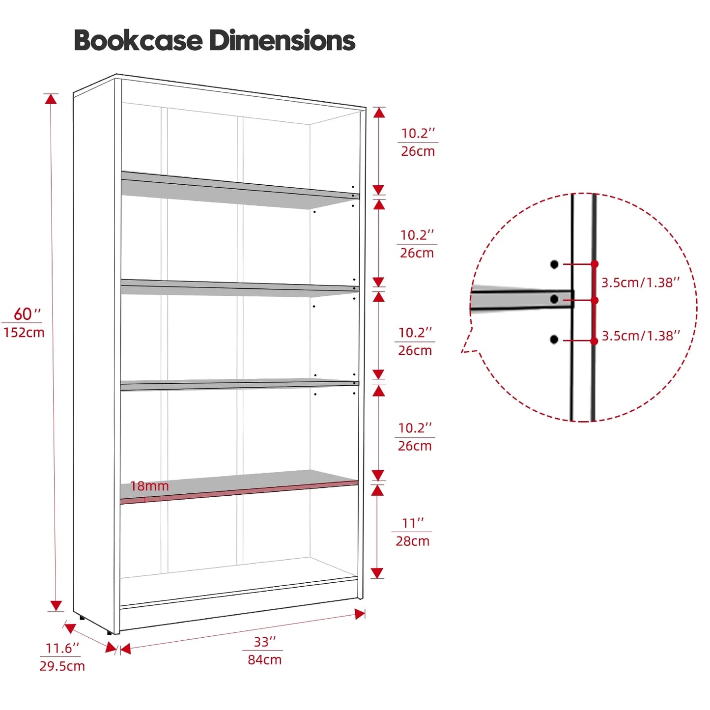 Farini 5 Tiers Bookcase, Wooden Bookcase with Adjustable Shelves for Home, Office, Mahogany