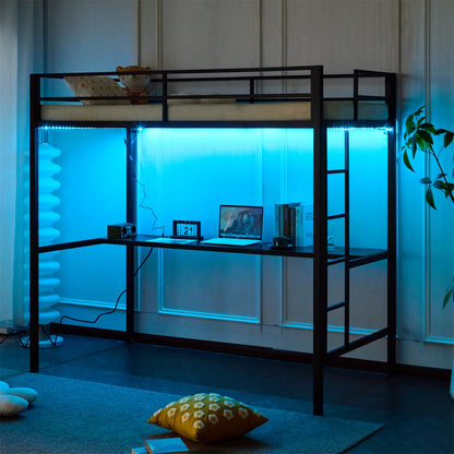 Twin Metal Loft Bed Frame with LED Lights&Charging Station&Desk,Bunk Bed For Kids, Adult, No Box Spring Needed,Black