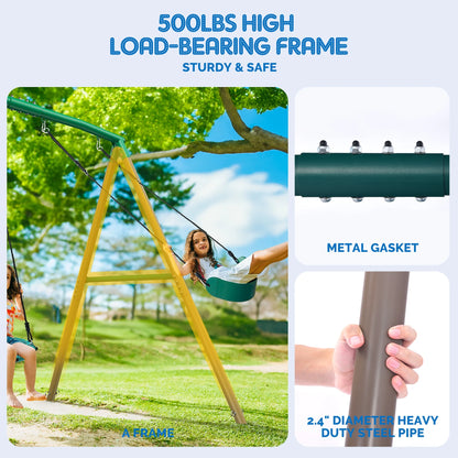 KloKick 7.5ft Heavy Duty Swing Set for Backyard, 500lbs Capacity Outdoor Metal Swing Set for Kids  Adults with Spider Swing and Belt Swing (Green)