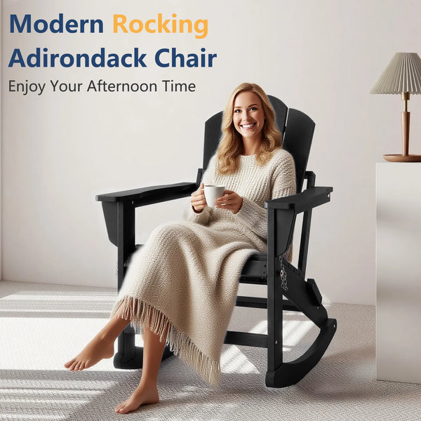 FOOWIN Folding Rocking Adirondack Chair Set of 2, HDPE Plastic Rocking Chairs for Patio Porch Rocker Chair, Black