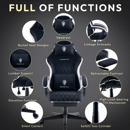 ‌Dowinx Fabric Gaming Chair with Pocket Spring Cushion High Back Ergonomic Office Chair, Adjustable Footrest & Lumbar Support, 300lbs Capacity, Black