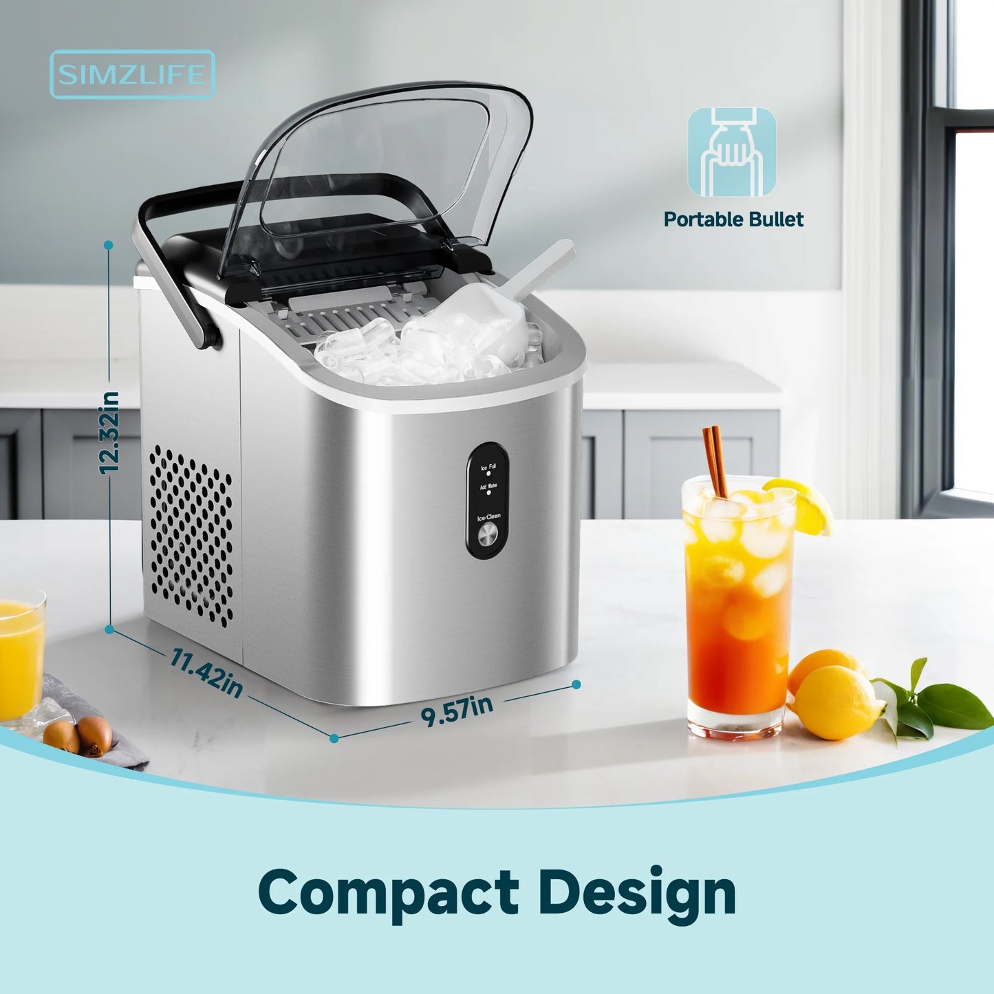 Simzlife Ice Maker Countertop, Portable Ice Machine with Carry Handle, Self-Cleaning Ice Makers with Basket and Scoop, 9 Cubes in 6 Mins, 26 lbs per Day, Ideal for Home, Kitchen, Camping, RV