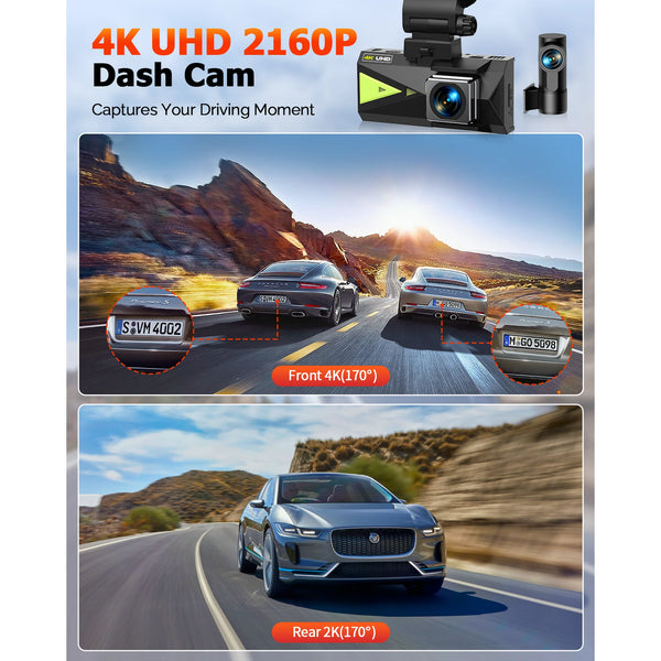 Toguard Dash Cam Front and Rear, TOGUARD 4K Dash Camera Built-in WiFi GPS Voice Control 3.16" Touch Screen Car Camera with 64GB SD Card