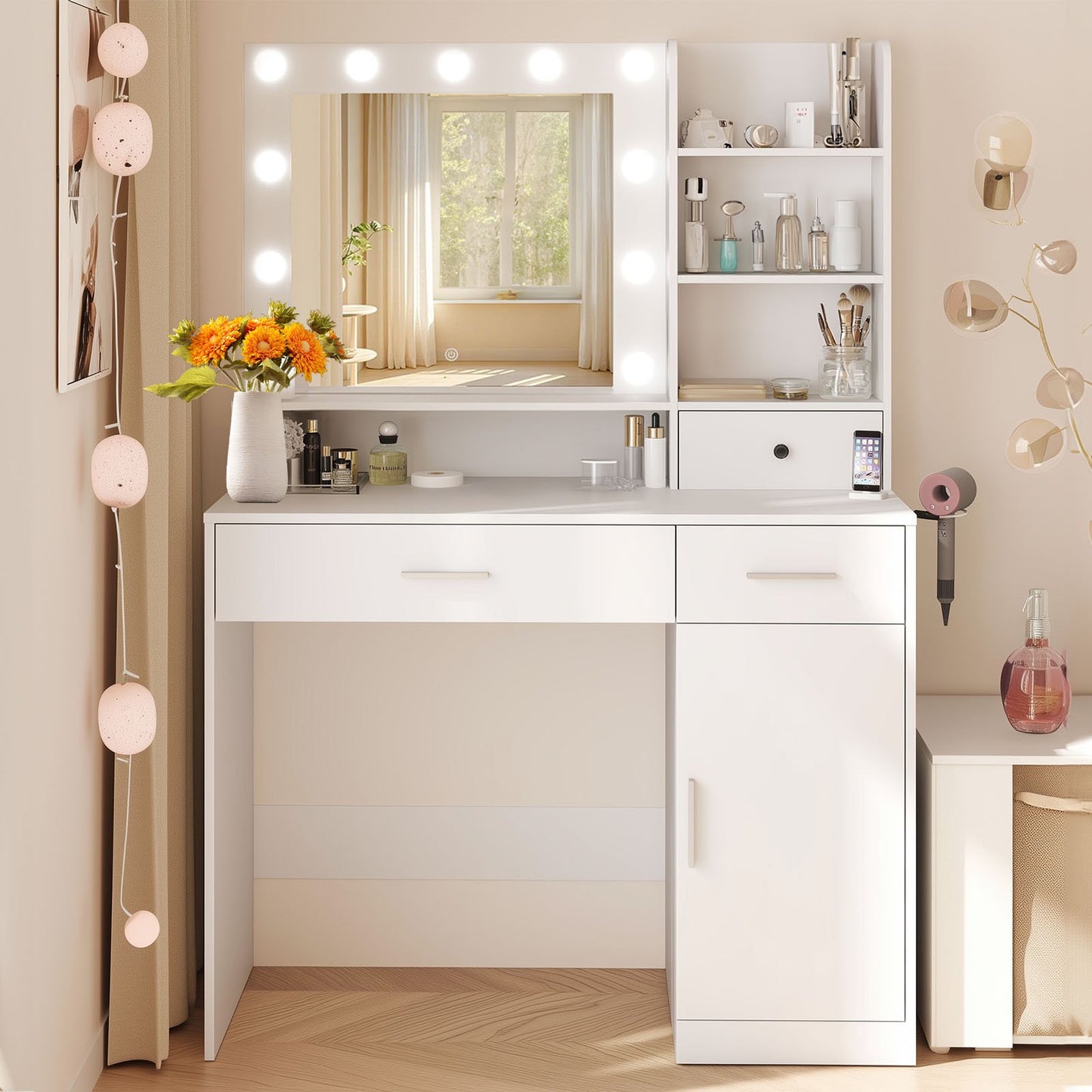 edx Vanity Desk with Mirror, Makeup Vanity Table with 3 Color Light Options Adjustable Brightness for Bedroom Dressing Room, White